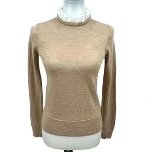 J. Crew Women's Heather Tan Merino Wool Lightweight Knit Antique Lace Collar Lon